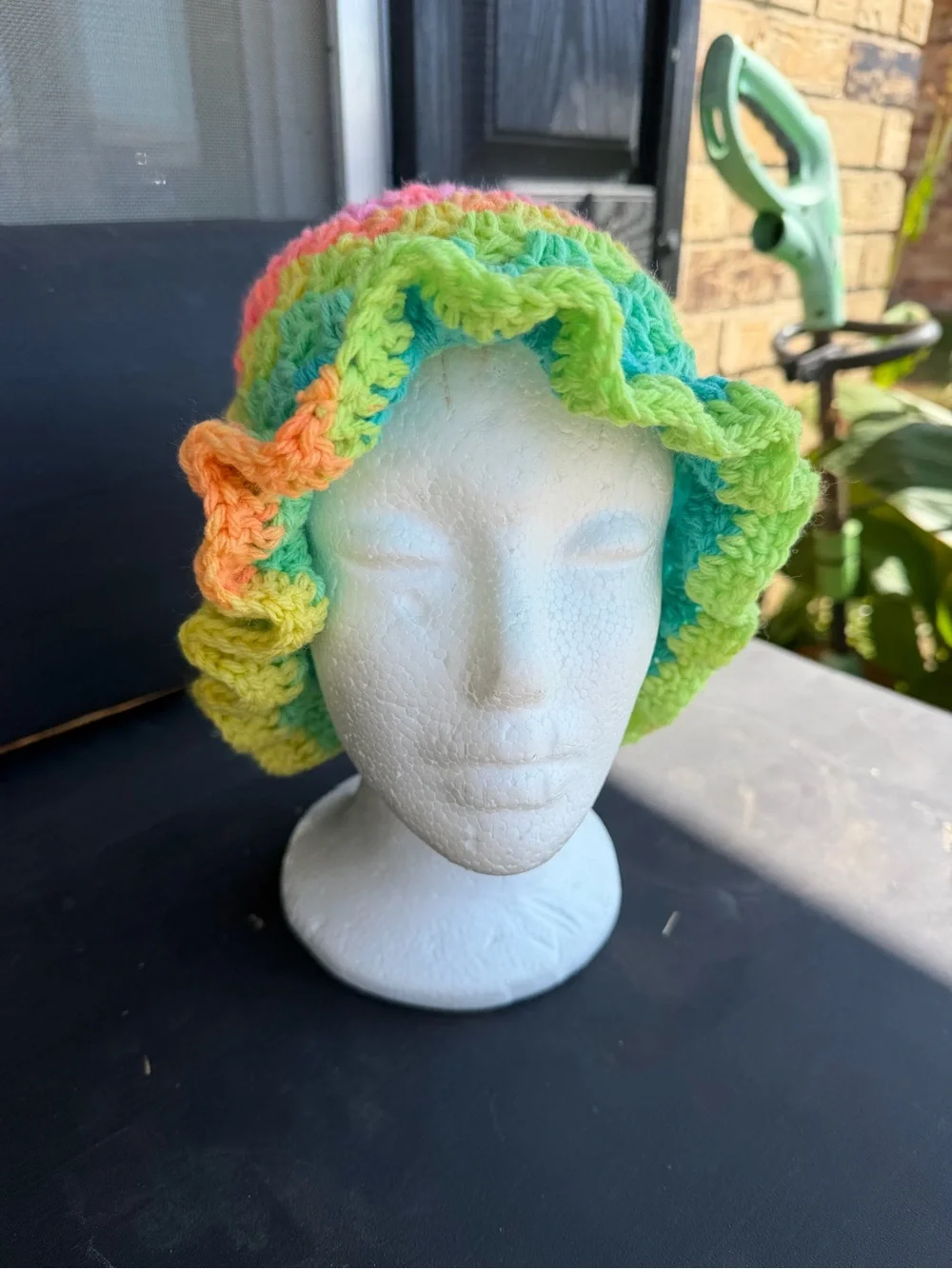 Handmade Kids Crochet Beanie in Green, Pink and Aqua
